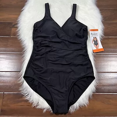 Miradonna Miraclesuit Women's Size 16 Black Shaping V Neck One Piece Swimsuit • $49.95