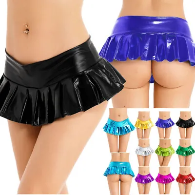 US Sexy Womens Shiny Metallic Low Rise Pleated Role Play Skater Micro Mini Skirt • $6.50