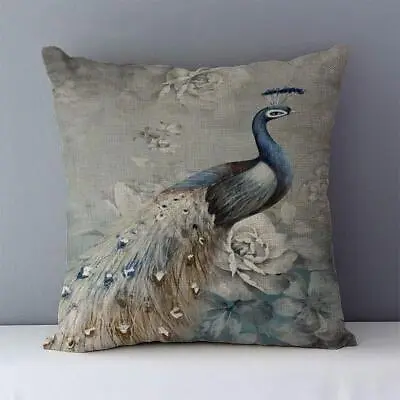 Blue Peacock Cushion Cover Linen Elegant Sofa Pillows Case Home Decor 45 X 45 Cm • $12.03