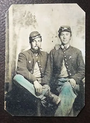 2 Civil War Military Soldiers One With Cigar Tintype C002RP • $14.99