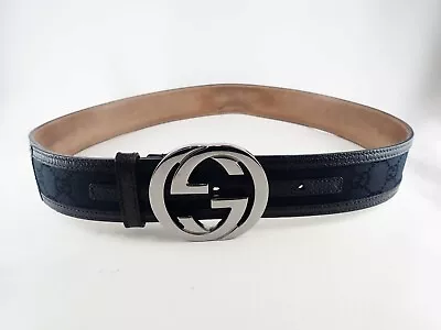 GUCCI GG Canvas Belt 114876 Silver Tone Metal Black Interlocking • $220.55