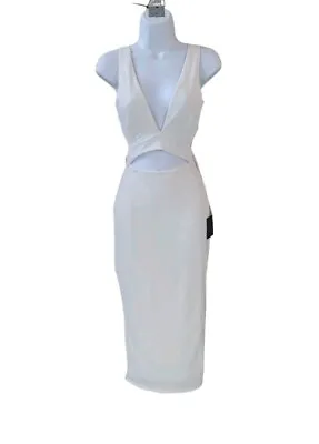 New LULU'S S White Divide & Contour Ribbed Cutout Bodycon Midi Dress Women • $39.99