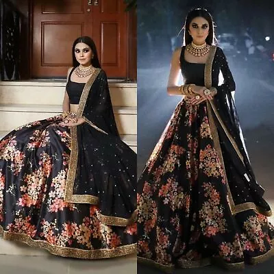 Silk Women Ethnic Indian Wedding Black Lehenga Choli Traditional Floral Skirt • £36.56