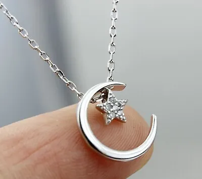 Women Real Moissanite Moon And Star Pendant 14k White Gold Plated Necklace 18  • $113.39