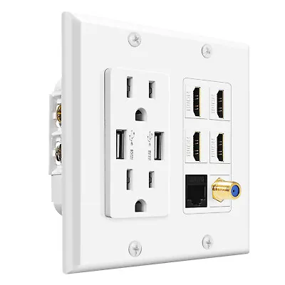 Wall Plug Outlet Plate 2 Gang White W/ 2 USB PowerHDMI Port Rj45 Coaxial • $26.99