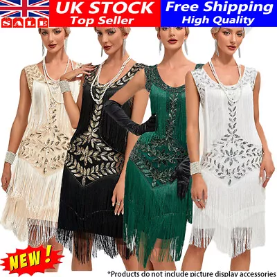 Retro-1920s Flapper Gatsby Charleston Party Sequin Fringe Evening Cocktail Dress • £28.29