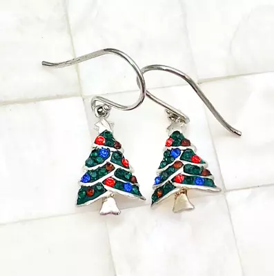 Multicolor Christmas Tree Dangle Drop Earrings Silver Tone Vintage Strand #9753 • $9.99