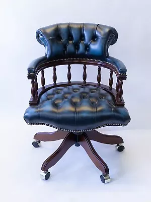 Chesterfield Captains Desk Chair In Mahogany Finish - Antique Blue Leather • £628