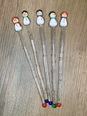 5 Vintage Snowman Glass Swizzle Cocktail Stir Sticks Barware Art Glass Hobnail • $12.74