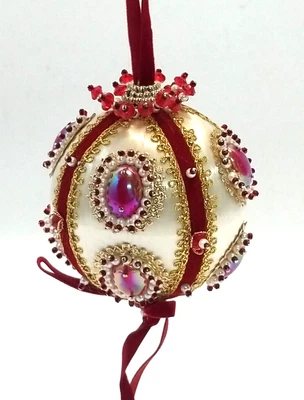£16.21 • Buy Vintage Gold Red White Beaded Push Pin Satin Ornament Hand Crafted 1960's