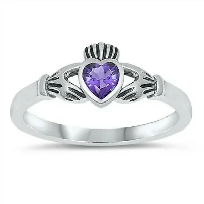 Claddagh Ring Sterling Silver 925 Baby Jewelry Amethyst CZ Height 7 Mm Size 1 • $12.58