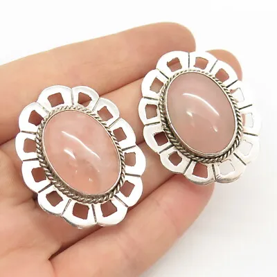 925 Sterling Silver Vintage Mexico Real Rose Quartz Clip On Earrings • $156.99