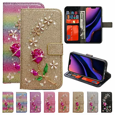 For IPhone 15 Pro Max/14/Pro/13 Rose Case Bling Leather Card Wallet Stand Cover • £8.65