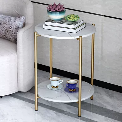 2 Tiers Solid Marble Top Round Coffee Table Lounge Living Room Modern Gold Legs • £40.99