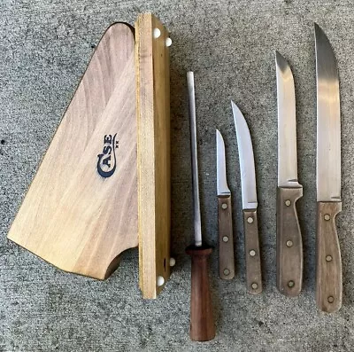Vintage Set 5 CASE XX Kitchen Knives Wood Handle W/Block Sharpener • $120