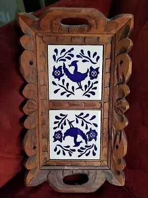 VTG MCM Mexican Hand Carved Wood Tray Ceramic Tile Cobalt Blue Centerpiece • $28