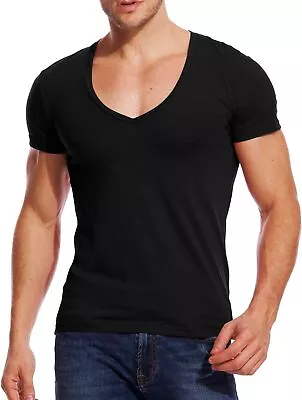 V Neck T Shirts Men Deep V Neck Tee Muscle Slim Fit Low Cut Stretch Tshirt • $39.98