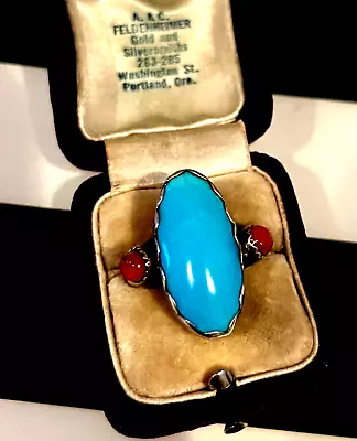 Vintage Native American Sterling Silver Turquoise Coral Cocktail Ring • $425