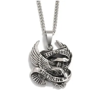 New Mens Motorcycle Biker Eagle Necklace Pendant Live To Ride To Live Chain • $9.88