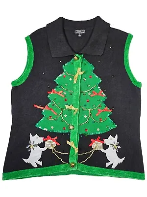 Lisa International Ugly Christmas Sweater Vest Womens Size XL Christmas Tree Dog • £20.43