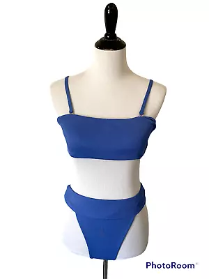 Womens Zaful Sz 6 Bikini Swimsuit Set Ribbed High Cut Blue Adjustable Strap EUC • $17.99