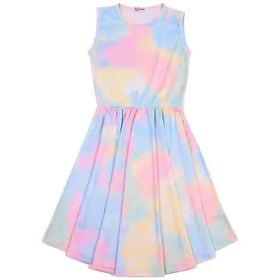 Kids Girls Childrens Galaxy Tie Dye Skater Dress Casual Party Gift 5-13 Years • £9.99