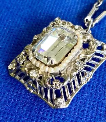 $26 • Buy Vtg CORO PEGASUS SilverTone Clear Crystal Rhinestone Faux Pearl Pendant Necklace