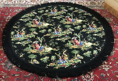 Vintage Asian Design Round Tablecloth 80  Diameter Black W/Colorful Scenes • $95