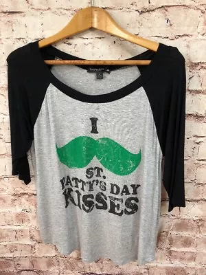 St Patrick’s Day Ringer Baseball Tee Womens Large Mustache Kisses Green Gray NWT • $8