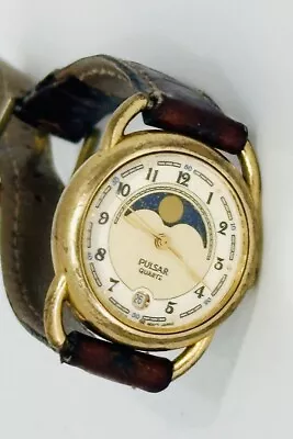 Vintage Pulsar Moon Phase Watch Women Gold Tone Date Brown Band New Battery • $20