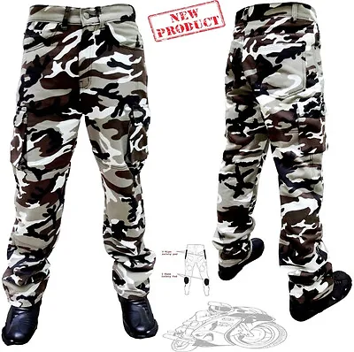Mens Brown / Grey Cotton Camo Cargo With Kevlar Motorbike Motorcycle Trousers • £39.99