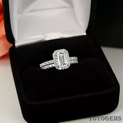 Moissanite Bridal Set Engagement Ring 2.50 CT Emerald Cut Solid 14K White Gold • $233.06