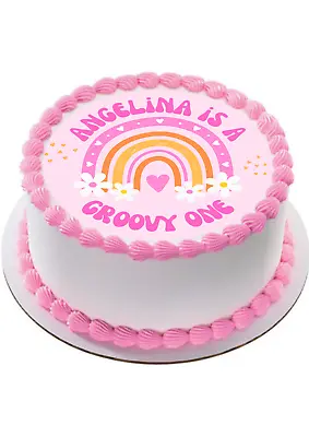 Groovy One Retro Rainbow Daisy Cake Topper Personalized Edible Circle Image #222 • $21.95