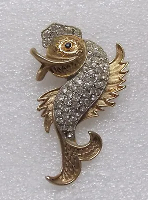 Vintage Smiling Rhinestone And Gold Tone Fish Brooch Pin • $10