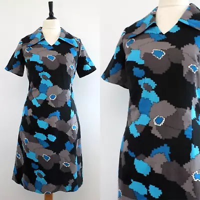 Vintage 1960s MOD Dress Blue Grey Abstract Retro Big Collar Shift Dress 14 • £17.99