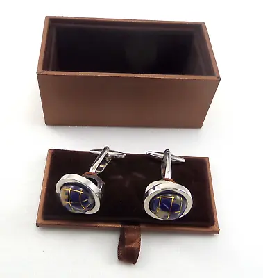 VTG Cufflinks With Moving Globe – Colorful Gemstones Inlay Silver Plated & Box • $18.95