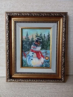 Snowman Original Oil Painting Christmas Pallete Knife Framed Impasto 9x7 In • £29.80