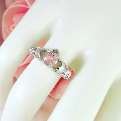 Vintage Jewellery Gold Claddagh Love Ring Pink Heart White Sapphire Jewelry • $320.59