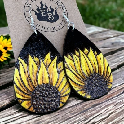 $25 • Buy 100% Handmade Pyrography Sunflower  Wooden Earrings With Sterling Silver Wire.