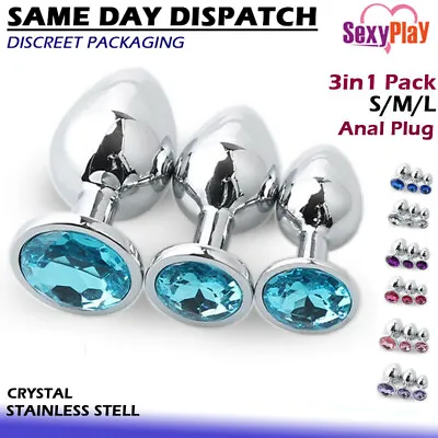 BDSM Anal Plug Kit 3pcs Stainless Steel Metal Butt Plug Crystal Jewelled Sex Toy • $27.95