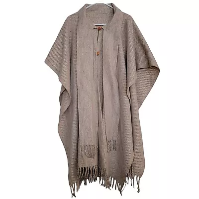 Vintage Women’s Poncho Wool Cape Gray Cream Striped Fringe One Size • $49