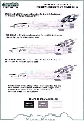 Model Maker Decals 1/72 MIKOYAN MiG-21  FISHBED  Croatian AF 25th Anniversary • $10.99