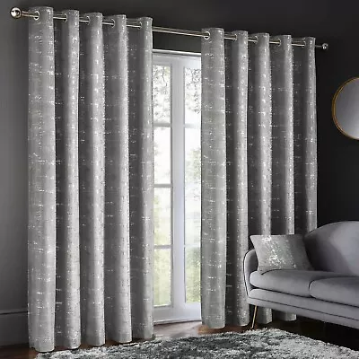 Silver Grey Thermal Luxury Velvet Sparkle Ready Made Lined Eyelet Curtains • £39.95