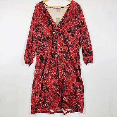 J. Jill Red Paisley Jersey Knit 3/4 Sleeve Pullover Wrap Dress Womens XL NEW NWT • $30