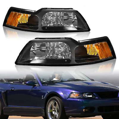 Headlights For 99-04 Ford Mustang V6 / GT / Cobra Headlamps Black Housing Amber • $63.99