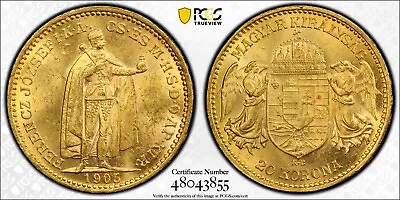 1905-KB Gold 20 Korona Hungary PCGS MS62+ True View KM#486 AGW: 0.196oz • $1150