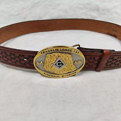 1991 Vtg Freemason Belt Buckle Compass Square 34 Inch Leather Belt Wyoming Lodge • $33.74