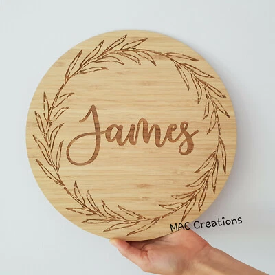 Wood Name Wall Plaque Sign Baby Kids Round Floral Leaf Wooden Birth Announcement • $20