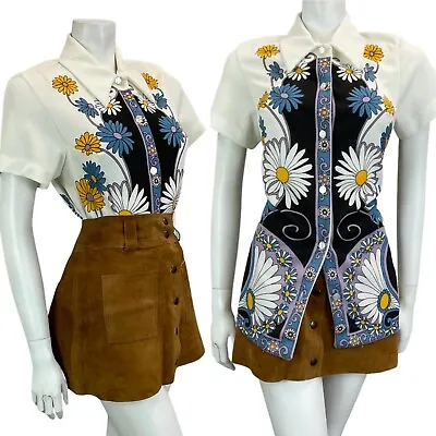 VINTAGE 60s 70s WHITE NAVY YELLOW DAISY PSYCHEDELIC SHIRT *NEED TO ADD BACK PIC* • £38