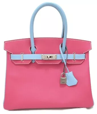 Hermes Birkin 30 Horseshoe Epsom Pink Rose Tyrien Blue Celeste Palladium HW Bag • £12221.02